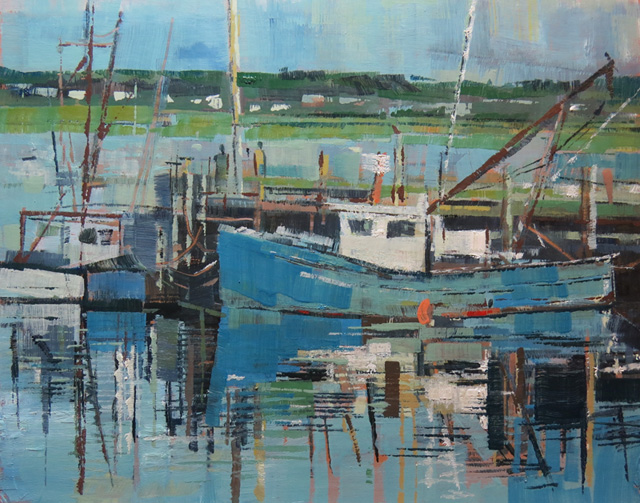 Fishing boats at Wellfleet, Cape Cod. Oil on gesso panel, 30 x 26 cms