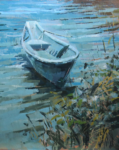 Rowing boat, Wellfleet, Cape Cod. Oil on gesso panel, 30 x 26 cms