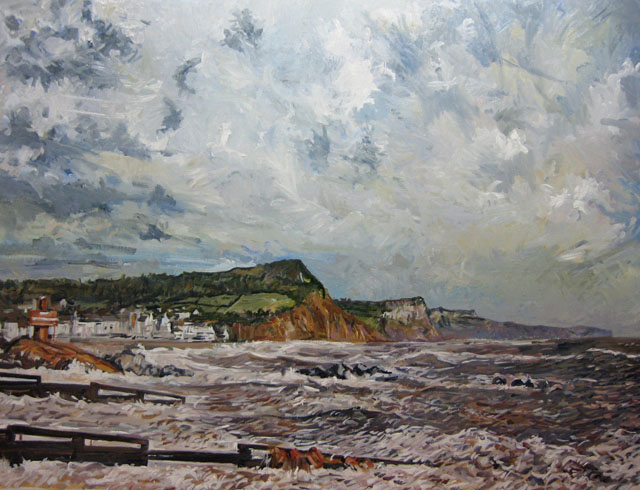 Sidmouth, Building the Groynes. Oil on paper.